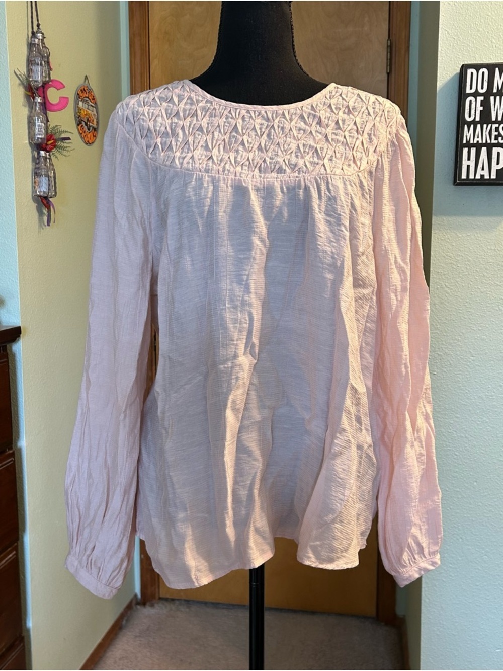 By The River pink smocked long sleeve flowy blouse keyhole opening size L